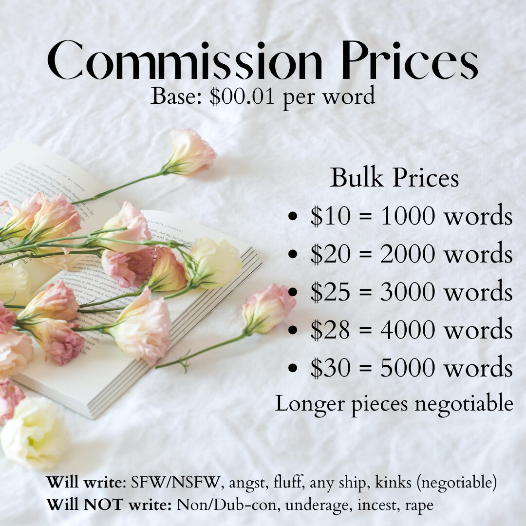 Commission Prices. Base: $00.01 per word or bulk prices available